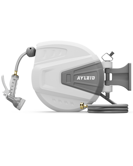 Ayleid Retractable Garden Hose Reel,1/2 in x 100 ft Wall Mounted Hose Reel, with 9- Function Sprayer Nozzle, Any Length Lock/Slow Return System/Wall Mounted/180°Swivel Bracket (Grey)