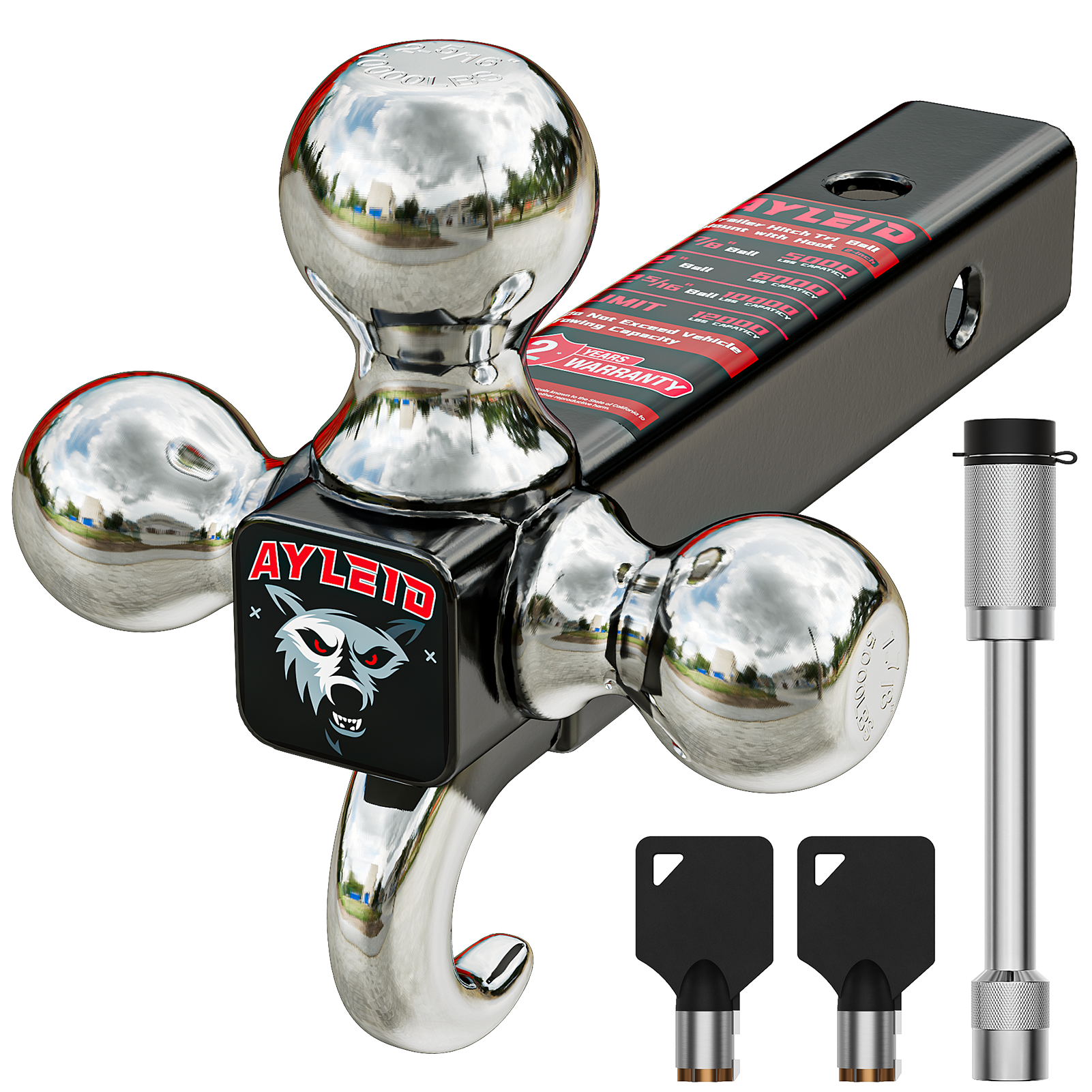 Ayleid Trailer Hitch Tri-Ball Mount with Hook & Pin Balls Sized 1-7/8, 2 & 2-5/16 inches, Tow Hitch with Anti-Theft Locking Pin, Silver