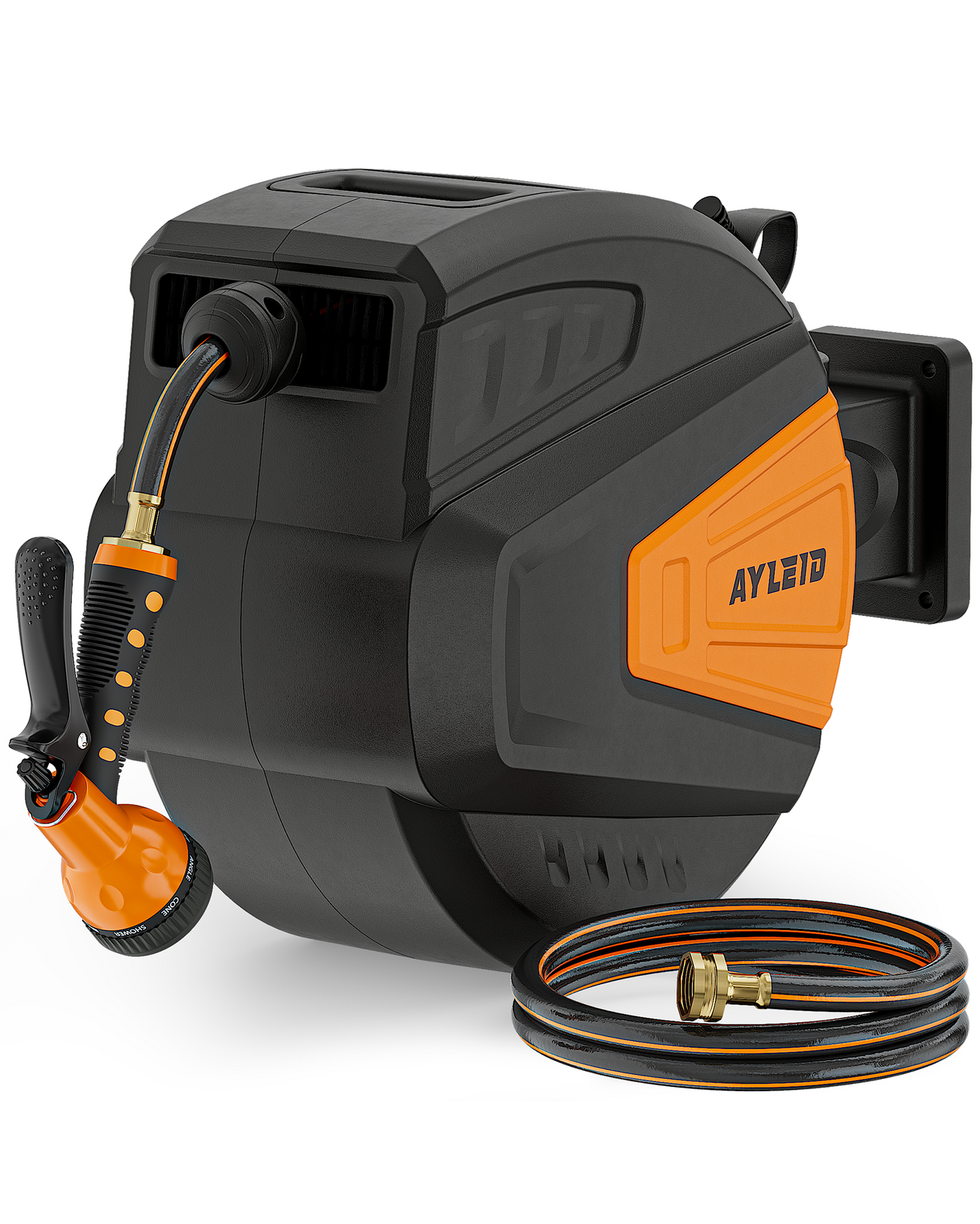 Ayleid Retractable Garden Hose Reel,1/2 in x 100 ft Wall Mounted Hose Reel, with 9- Function Sprayer Nozzle, Any Length Lock/Slow Return System/Wall Mounted/180°Swivel Bracket (Black)