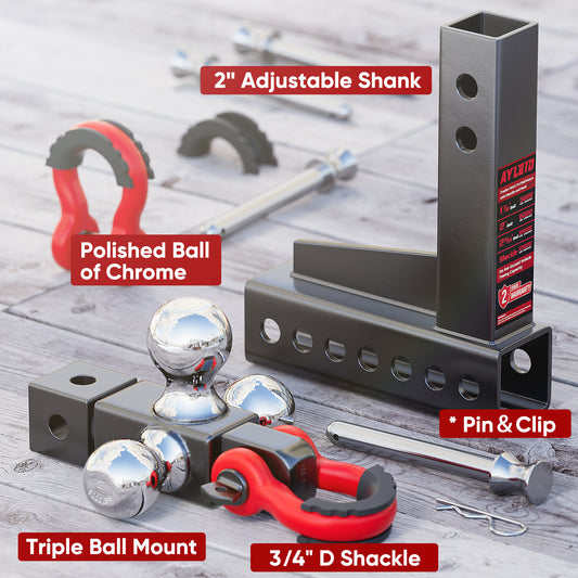 Ayleid Trailer Hitch Tri-Ball Mount with Hook&Pin&Rotatable Tow Shackle,Fits 2-in Receiver with 1-7/8-in,2-in,2-5/16-in Hitch Ball , Adjustable with Shackle