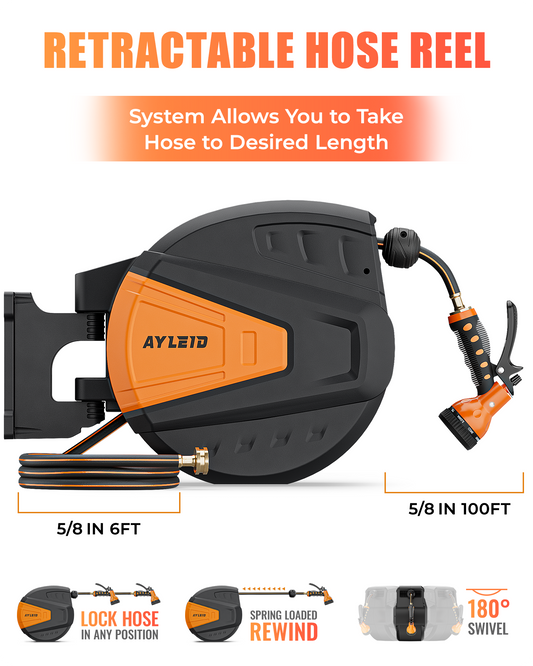 Ayleid Retractable Garden Hose Reel,5/8 in x 100 FT Wall Mounted Hose Reel, with 9- Function Sprayer Nozzle, Any Length Lock/Slow Return System/Wall Mounted/180°Swivel Bracket (Black)