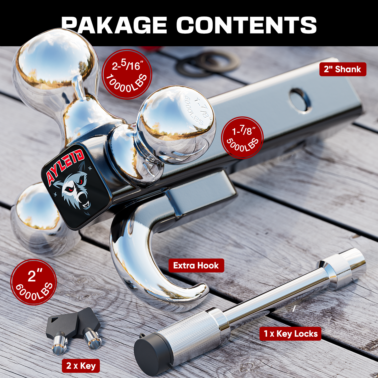 Ayleid Trailer Hitch Tri-Ball Mount with Hook & Pin Balls Sized 1-7/8, 2 & 2-5/16 inches, Tow Hitch with Anti-Theft Locking Pin, Silver