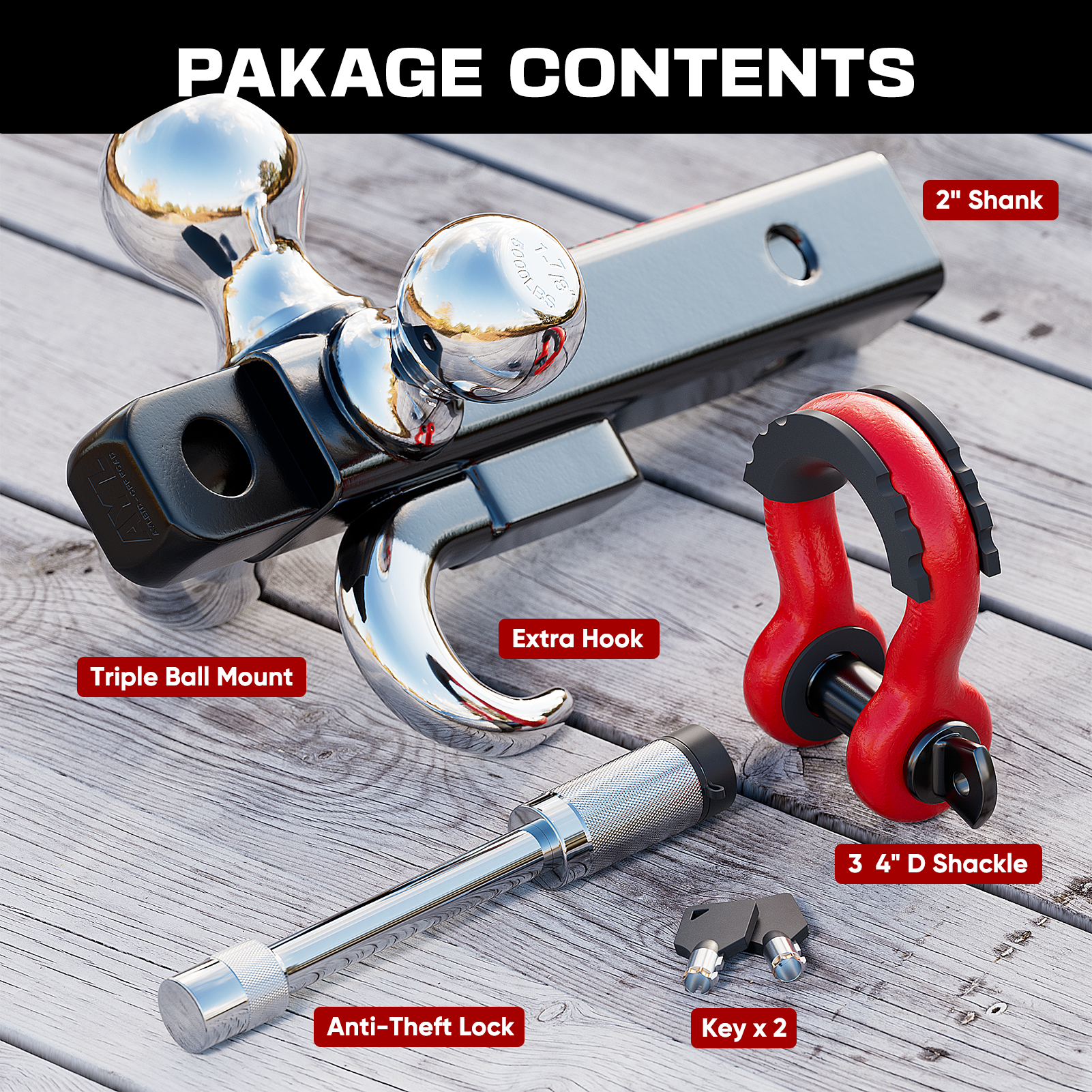 Ayleid Trailer Hitch Tri-Ball Mount with Hook&Pin&Rotatable Tow Shackle,Fits 2-in Receiver with 1-7/8-in,2-in,2-5/16-in Hitch Ball with Anti-Theft Locking Hitch Pin