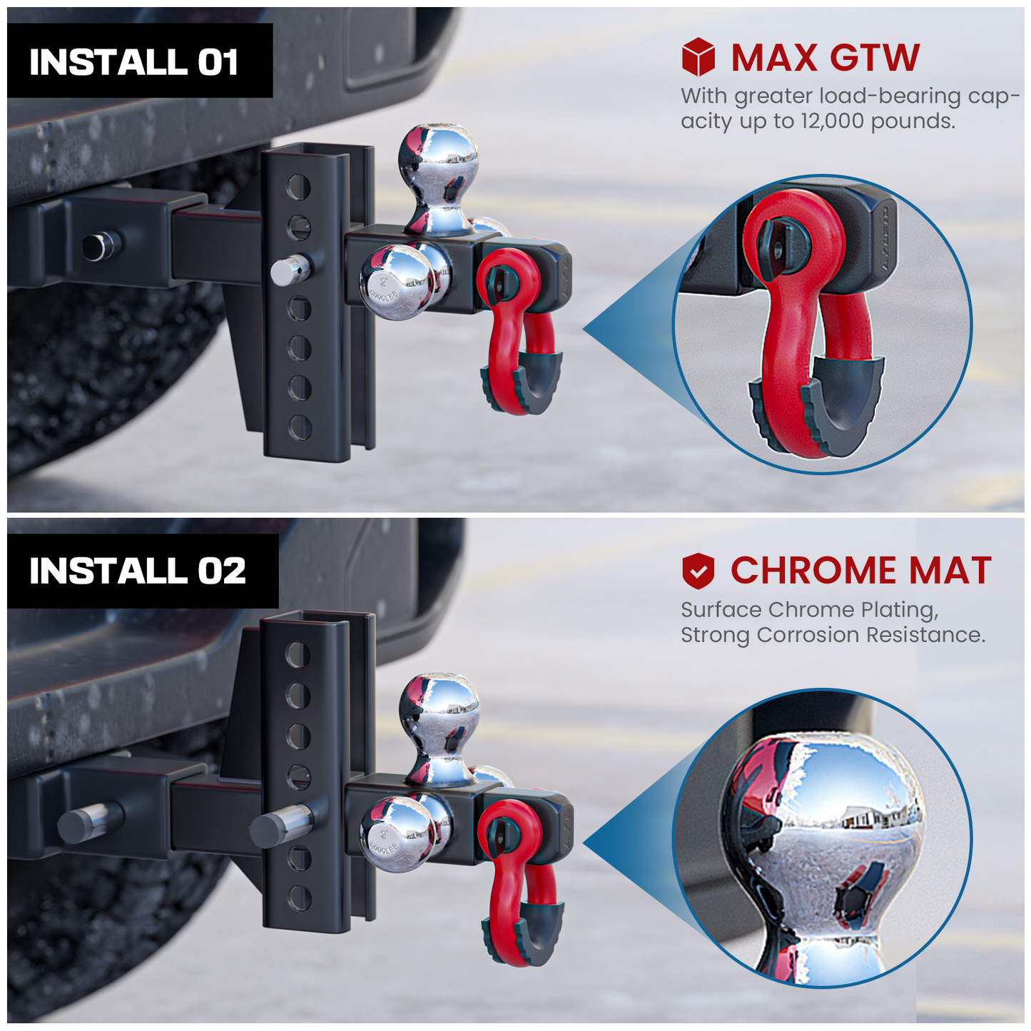 Ayleid Trailer Hitch Tri-Ball Mount with Anti-Theft Locking Hitch Pin&Hook&Rotatable Tow Shackle,Fits 2-in Receiver with 1-7/8-in,2-in,2-5/16-in Hitch Ball Adjustable with Shackle