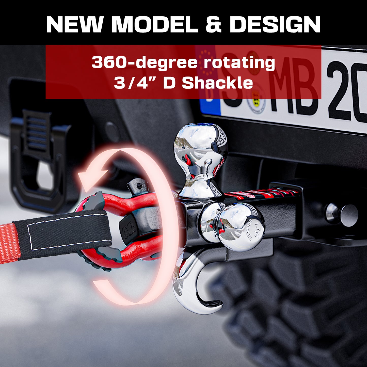 Ayleid Trailer Hitch Tri-Ball Mount with Hook&Pin&Rotatable Tow Shackle,Fits 2-in Receiver with 1-7/8-in,2-in,2-5/16-in Hitch Ball