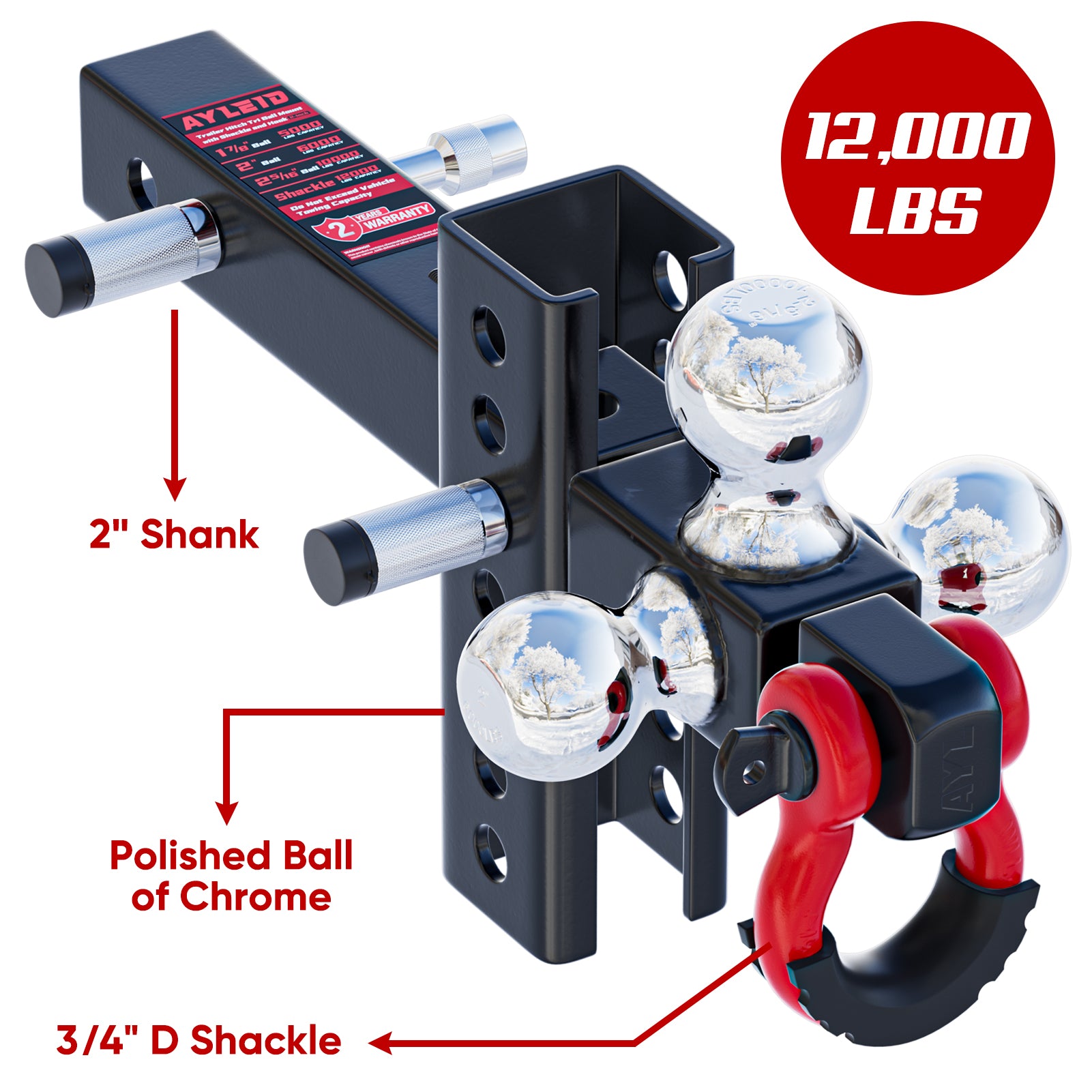Ayleid Trailer Hitch Tri-Ball Mount with Anti-Theft Locking Hitch Pin&Hook&Rotatable Tow Shackle,Fits 2-in Receiver with 1-7/8-in,2-in,2-5/16-in Hitch Ball Adjustable with Shackle