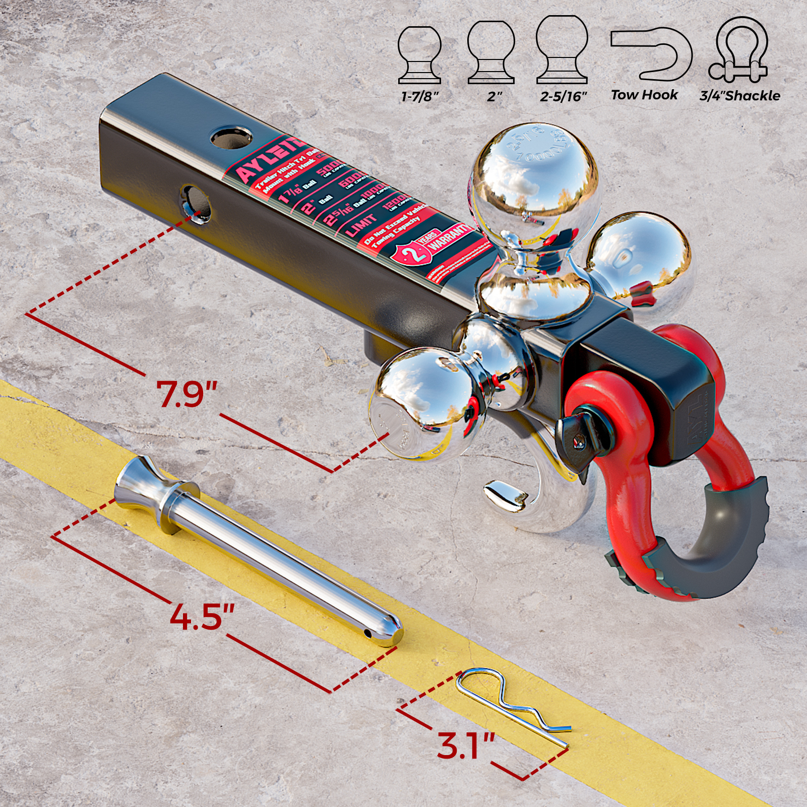 Ayleid Trailer Hitch Tri-Ball Mount with Hook&Pin&Rotatable Tow Shackle,Fits 2-in Receiver with 1-7/8-in,2-in,2-5/16-in Hitch Ball