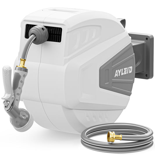 Ayleid Retractable Garden Hose Reel,1/2 in x 65 ft Wall Mounted Hose Reel, with 9- Function Sprayer Nozzle, Any Length Lock/Slow Return System/Wall Mounted/180°Swivel Bracket (Grey)