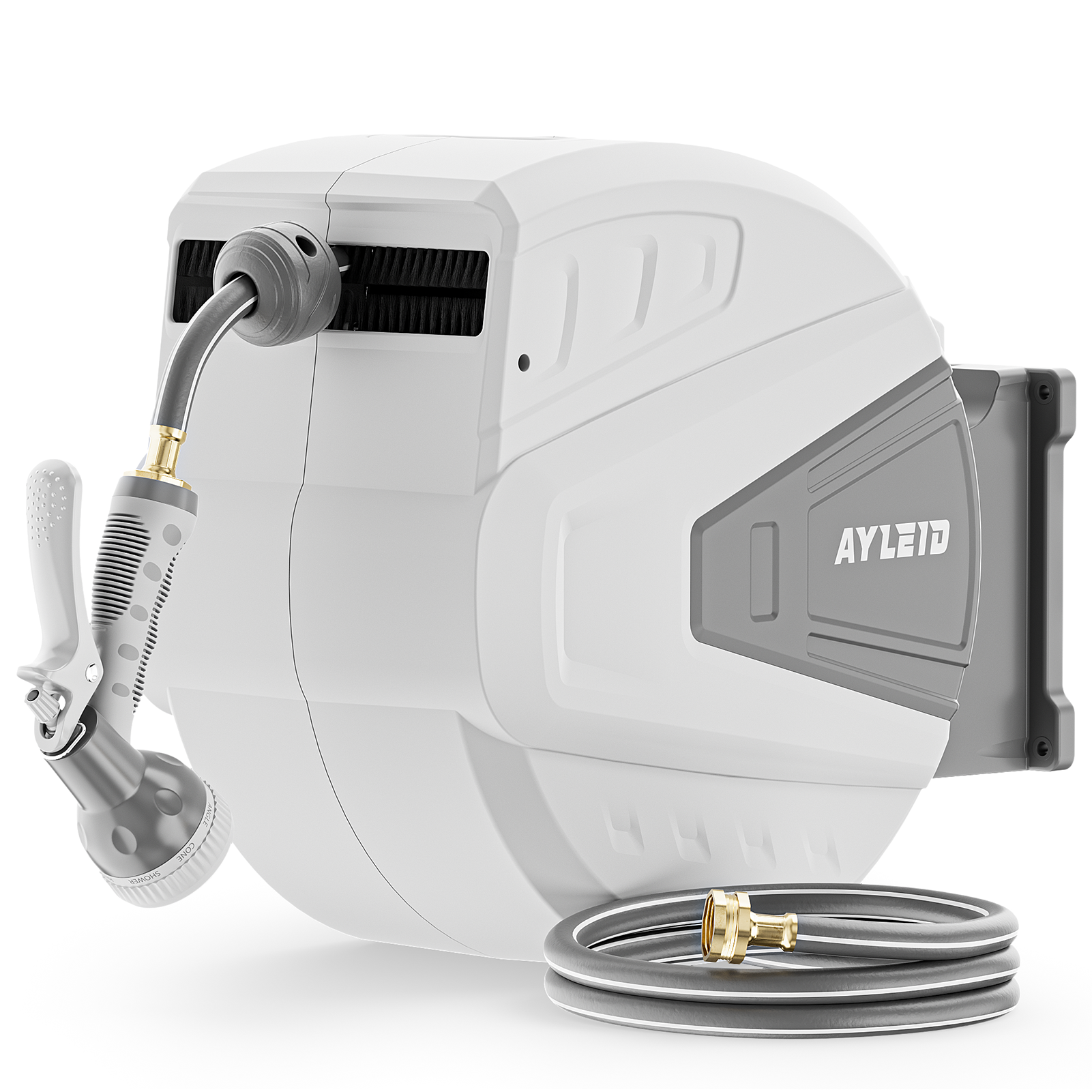 Ayleid Retractable Garden Hose Reel,1/2 in x 130 ft Wall Mounted Hose Reel, with 9- Function Sprayer Nozzle, Any Length Lock/Slow Return System/Wall Mounted/180°Swivel Bracket (Grey)