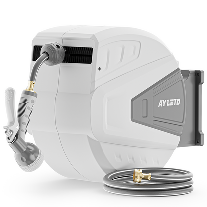 Ayleid Retractable Garden Hose Reel,1/2 in x 130 ft Wall Mounted Hose Reel, with 9- Function Sprayer Nozzle, Any Length Lock/Slow Return System/Wall Mounted/180°Swivel Bracket (Grey)