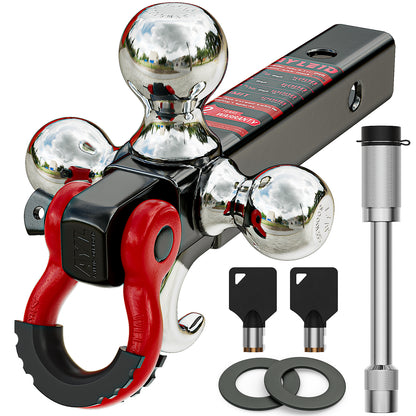 Ayleid Trailer Hitch Tri-Ball Mount with Hook&Pin&Rotatable Tow Shackle,Fits 2-in Receiver with 1-7/8-in,2-in,2-5/16-in Hitch Ball with Anti-Theft Locking Hitch Pin