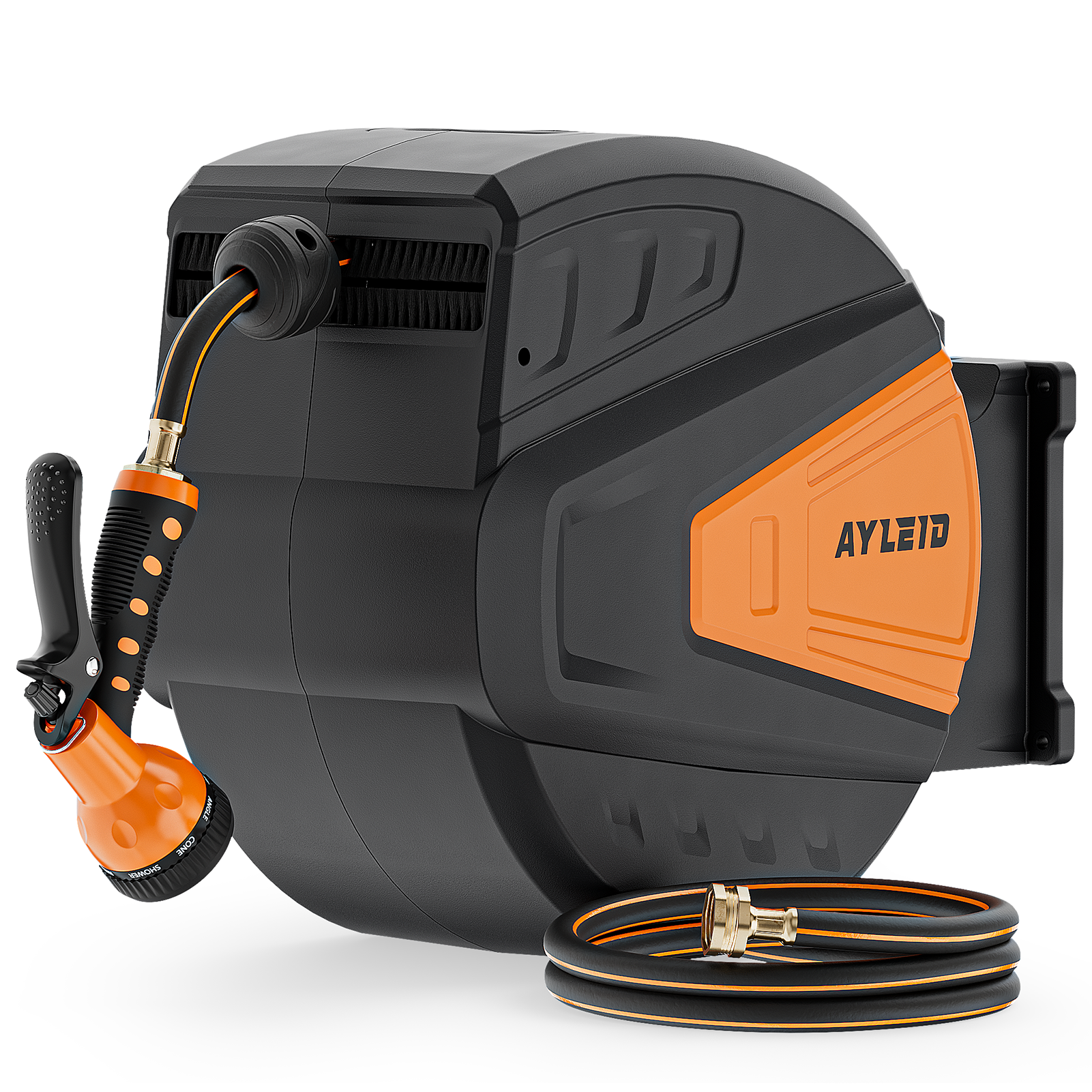 Ayleid Retractable Garden Hose Reel,1/2 in x 130 ft Wall Mounted Hose Reel, with 9- Function Sprayer Nozzle, Any Length Lock/Slow Return System/Wall Mounted/180°Swivel Bracket (Black)