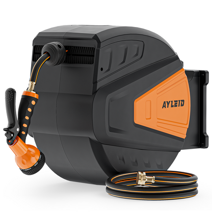 Ayleid Retractable Garden Hose Reel,1/2 in x 130 ft Wall Mounted Hose Reel, with 9- Function Sprayer Nozzle, Any Length Lock/Slow Return System/Wall Mounted/180°Swivel Bracket (Black)