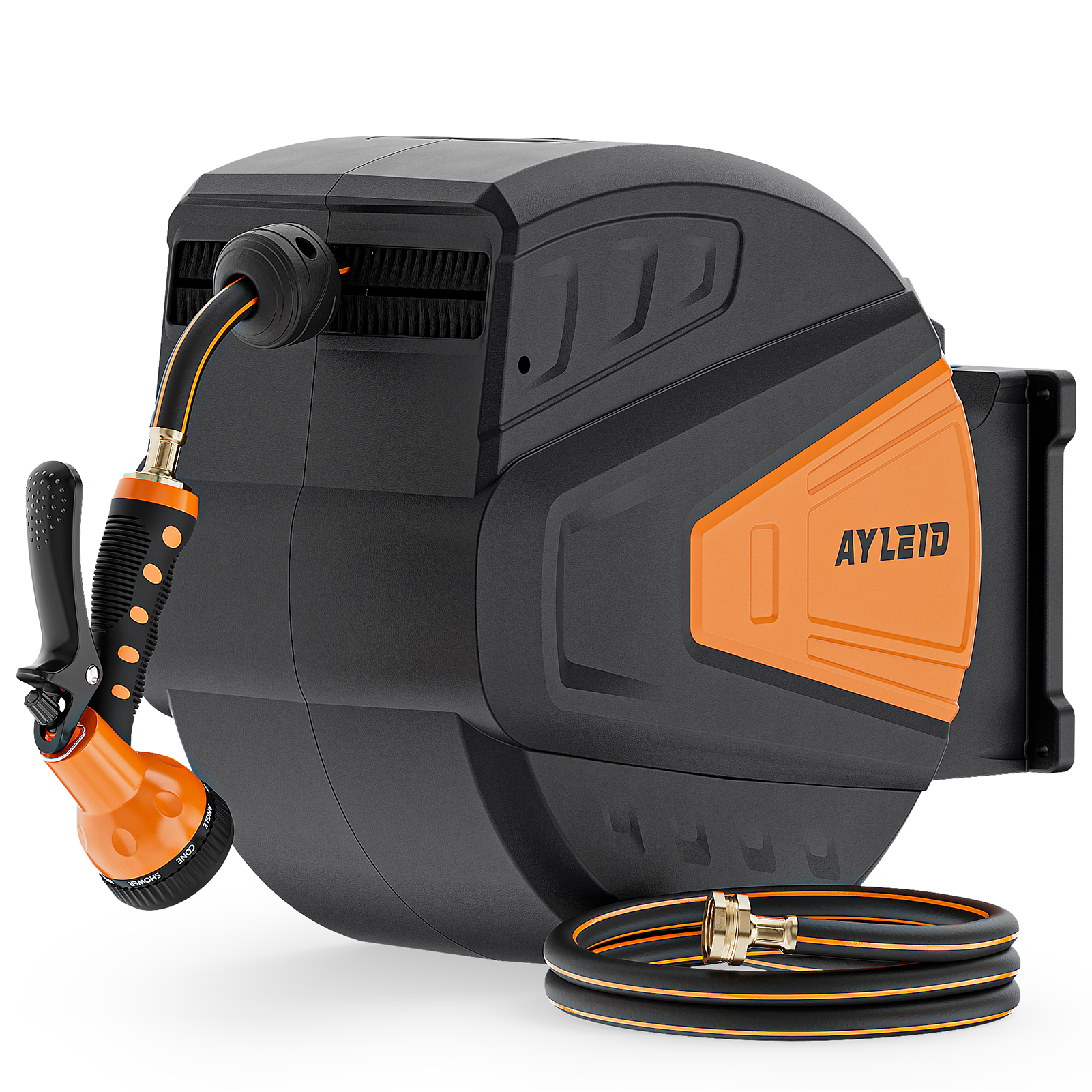 Ayleid Retractable Garden Hose Reel,5/8 in x 100 FT Wall Mounted Hose Reel, with 9- Function Sprayer Nozzle, Any Length Lock/Slow Return System/Wall Mounted/180°Swivel Bracket (Black)