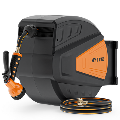 Ayleid Retractable Garden Hose Reel,5/8 in x 100 FT Wall Mounted Hose Reel, with 9- Function Sprayer Nozzle, Any Length Lock/Slow Return System/Wall Mounted/180°Swivel Bracket (Black)