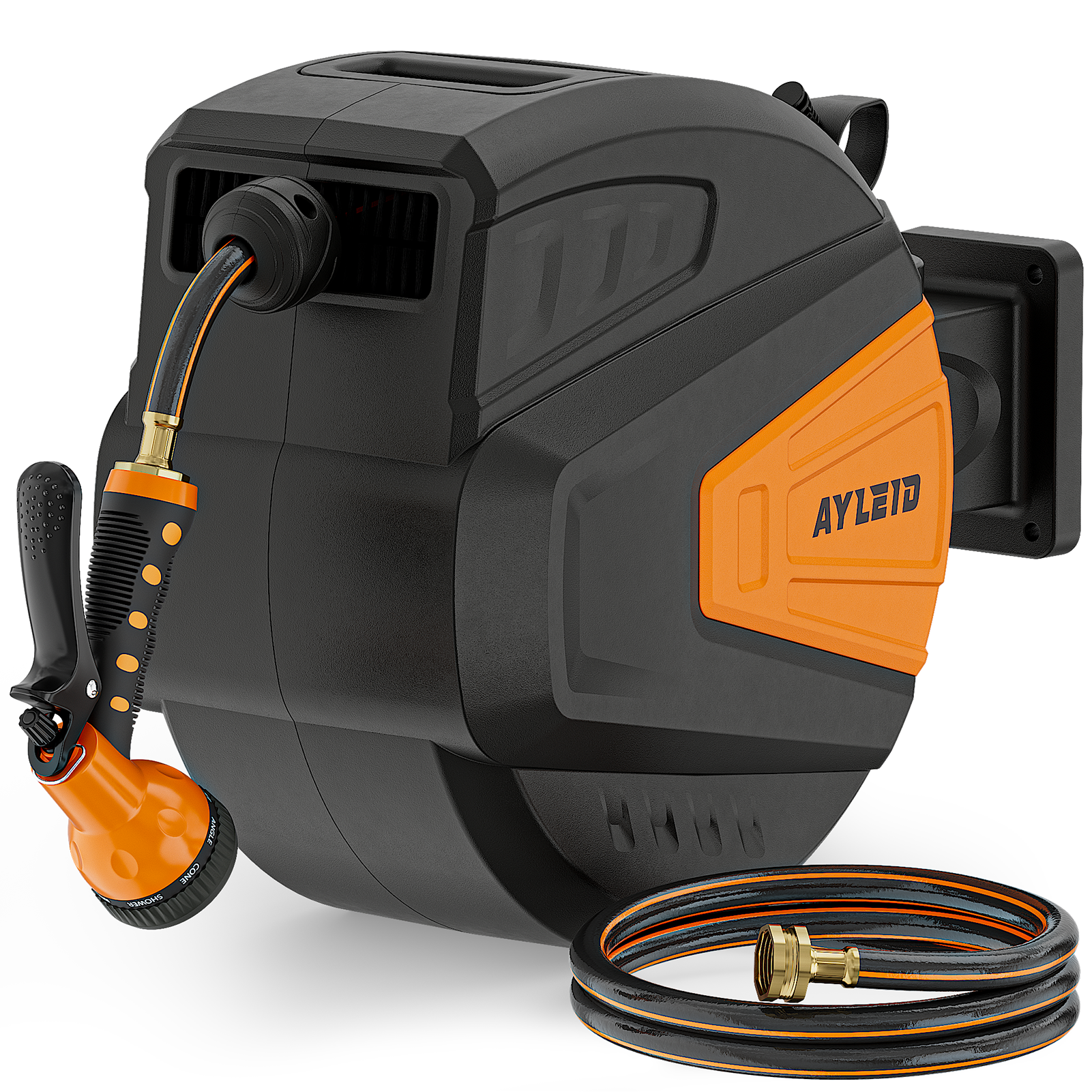 Ayleid Retractable Garden Hose Reel,1/2 in x 100 ft Wall Mounted Hose Reel, with 9- Function Sprayer Nozzle, Any Length Lock/Slow Return System/Wall Mounted/180°Swivel Bracket (Black)