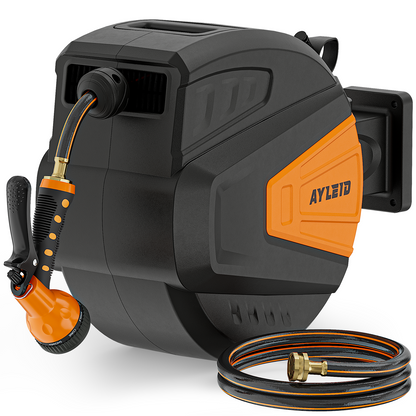 Ayleid Retractable Garden Hose Reel,1/2 in x 100 ft Wall Mounted Hose Reel, with 9- Function Sprayer Nozzle, Any Length Lock/Slow Return System/Wall Mounted/180°Swivel Bracket (Black)