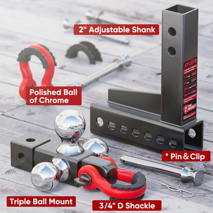 Ayleid Trailer Hitch Tri-Ball Mount with Hook&Pin&Rotatable Tow Shackle,Fits 2-in Receiver with 1-7/8-in,2-in,2-5/16-in Hitch Ball , Adjustable with Shackle