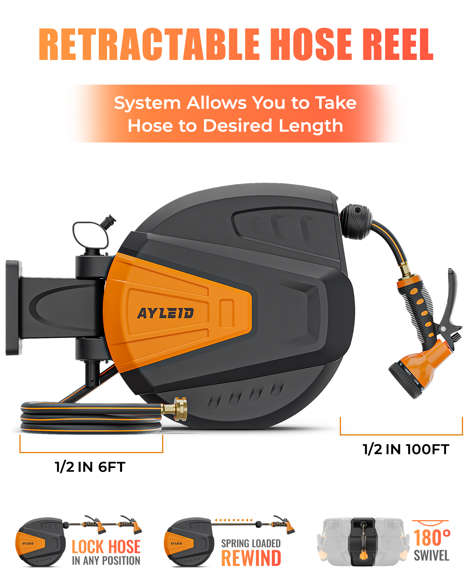 Ayleid Retractable Garden Hose Reel,1/2 in x 100 ft Wall Mounted Hose Reel, with 9- Function Sprayer Nozzle, Any Length Lock/Slow Return System/Wall Mounted/180°Swivel Bracket (Black)