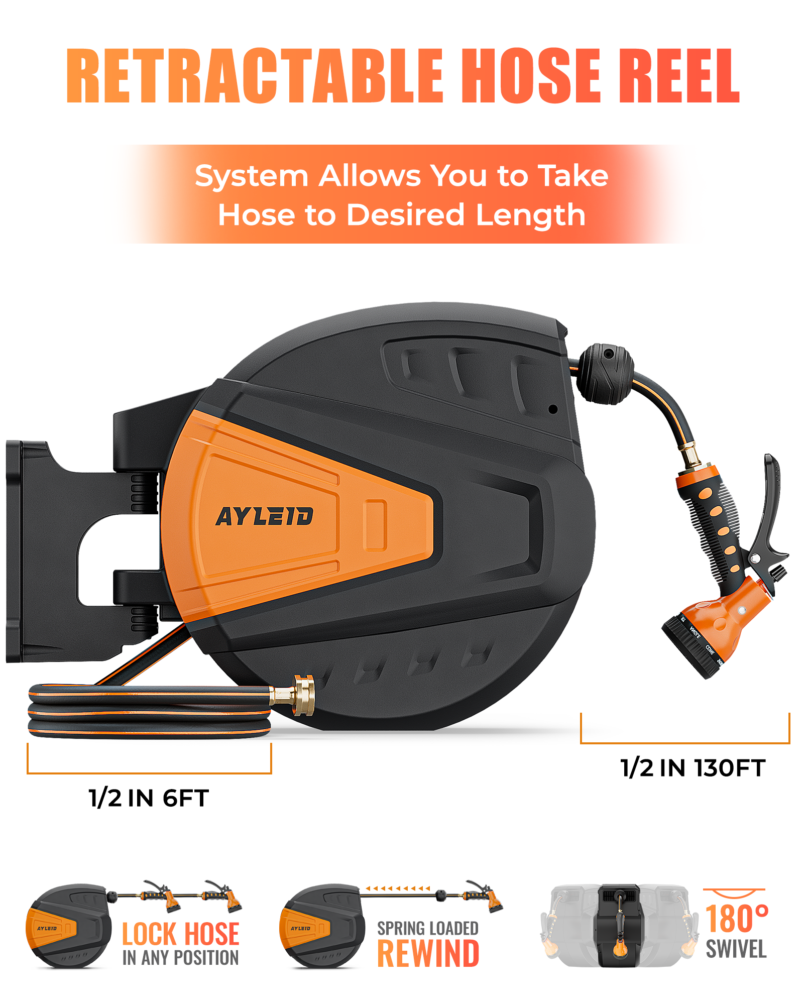 Ayleid Retractable Garden Hose Reel,1/2 in x 130 ft Wall Mounted Hose Reel, with 9- Function Sprayer Nozzle, Any Length Lock/Slow Return System/Wall Mounted/180°Swivel Bracket (Black)