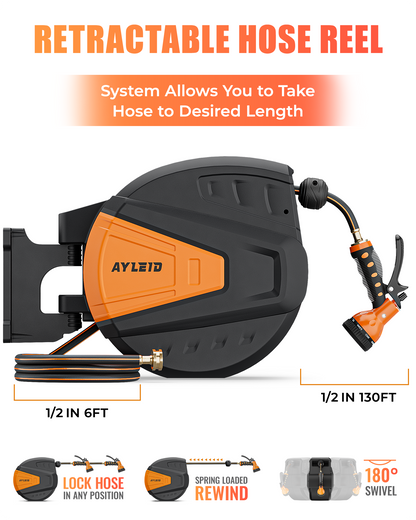 Ayleid Retractable Garden Hose Reel,1/2 in x 130 ft Wall Mounted Hose Reel, with 9- Function Sprayer Nozzle, Any Length Lock/Slow Return System/Wall Mounted/180°Swivel Bracket (Black)
