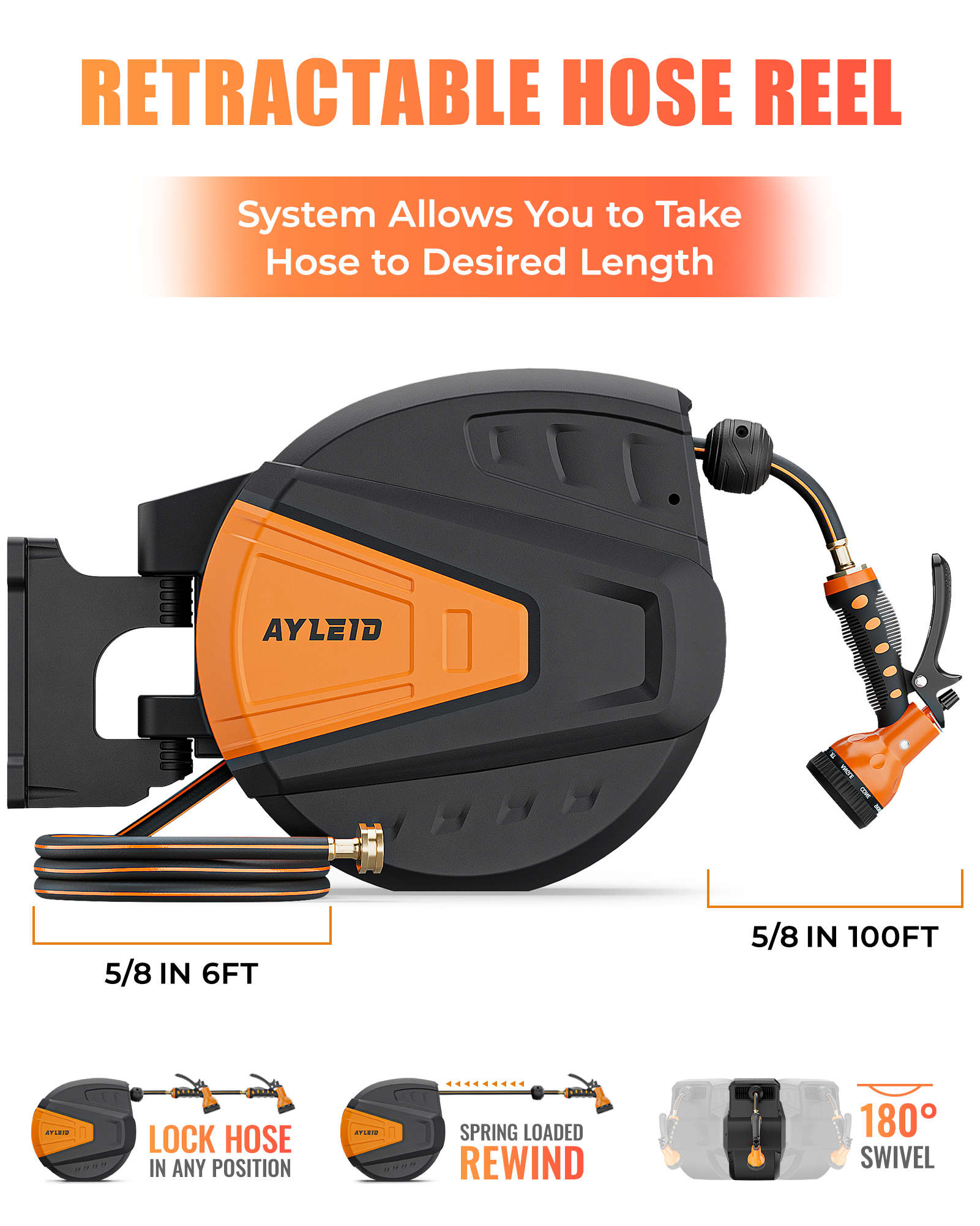 Ayleid Retractable Garden Hose Reel,5/8 in x 100 FT Wall Mounted Hose Reel, with 9- Function Sprayer Nozzle, Any Length Lock/Slow Return System/Wall Mounted/180°Swivel Bracket (Black)