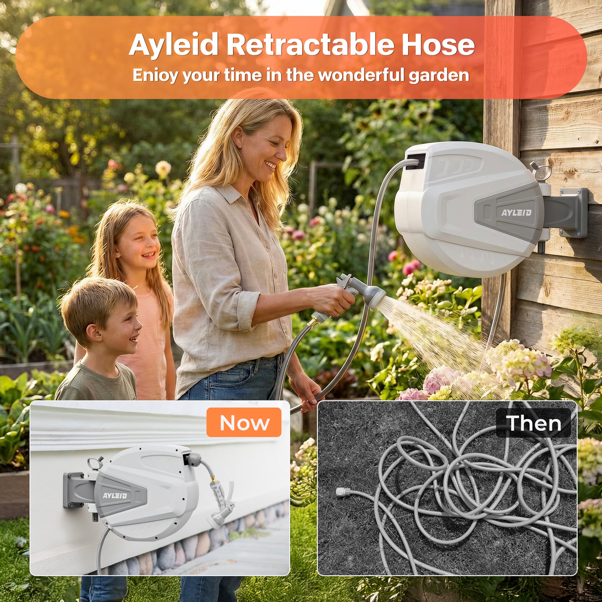 Ayleid Retractable Garden Hose Reel,1/2 in x 65 ft Wall Mounted Hose Reel, with 9- Function Sprayer Nozzle, Any Length Lock/Slow Return System/Wall Mounted/180°Swivel Bracket (Grey)