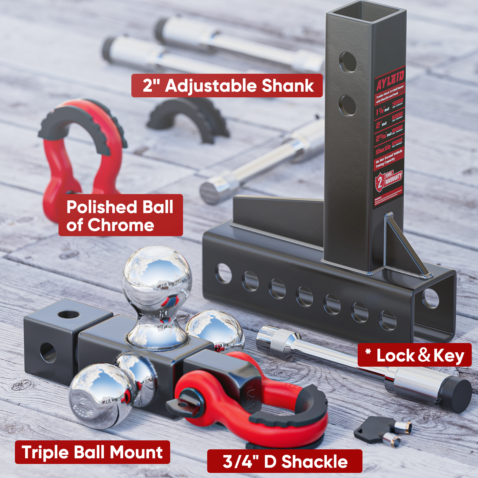 Ayleid Trailer Hitch Tri-Ball Mount with Anti-Theft Locking Hitch Pin&Hook&Rotatable Tow Shackle,Fits 2-in Receiver with 1-7/8-in,2-in,2-5/16-in Hitch Ball Adjustable with Shackle