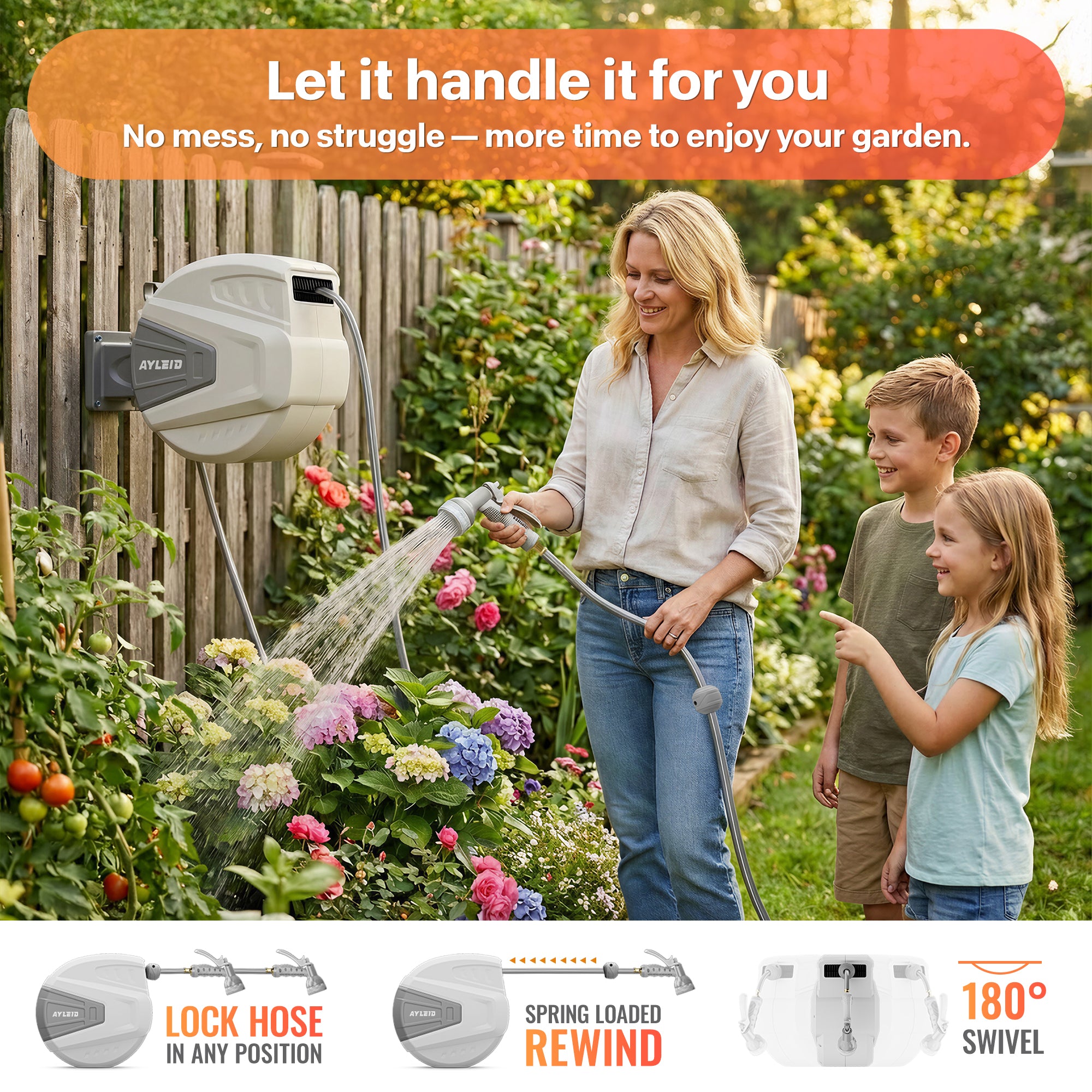 Ayleid Retractable Garden Hose Reel,1/2 in x 65 ft Wall Mounted Hose Reel, with 9- Function Sprayer Nozzle, Any Length Lock/Slow Return System/Wall Mounted/180°Swivel Bracket (Grey)