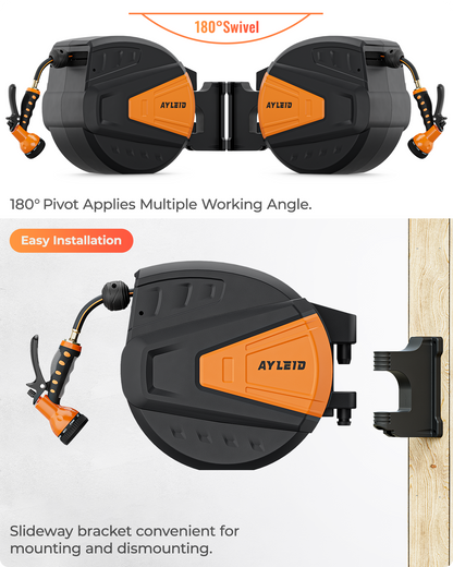 Ayleid Retractable Garden Hose Reel,5/8 in x 100 FT Wall Mounted Hose Reel, with 9- Function Sprayer Nozzle, Any Length Lock/Slow Return System/Wall Mounted/180°Swivel Bracket (Black)
