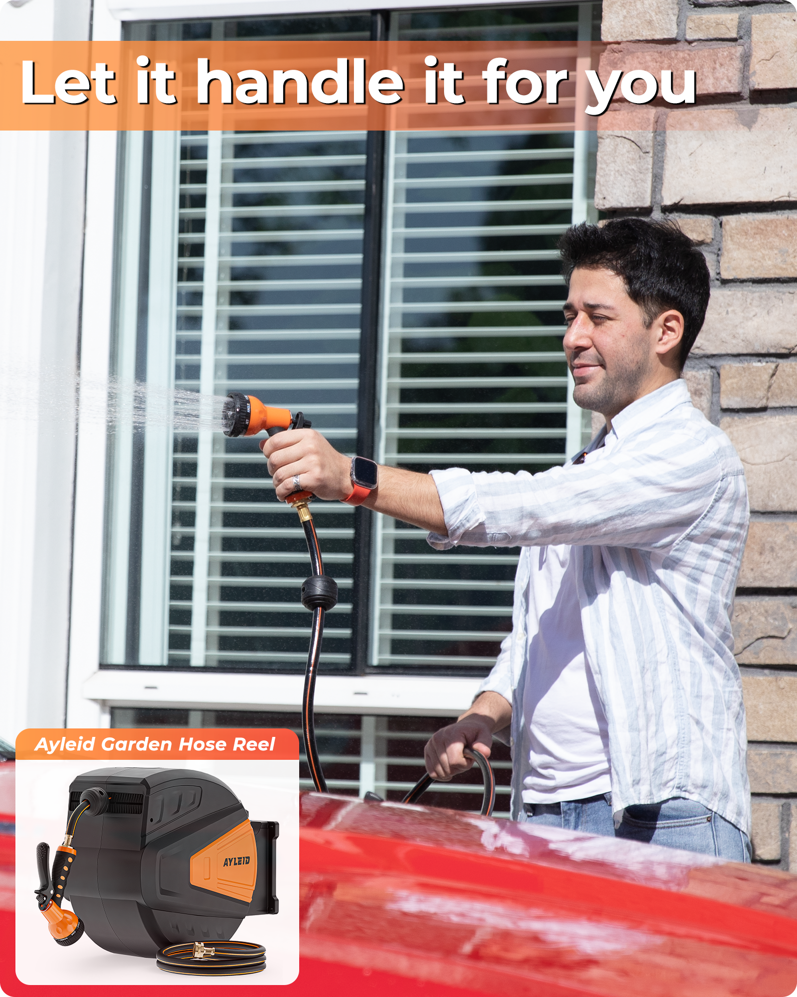 Ayleid Retractable Garden Hose Reel,1/2 in x 130 ft Wall Mounted Hose Reel, with 9- Function Sprayer Nozzle, Any Length Lock/Slow Return System/Wall Mounted/180°Swivel Bracket (Black)