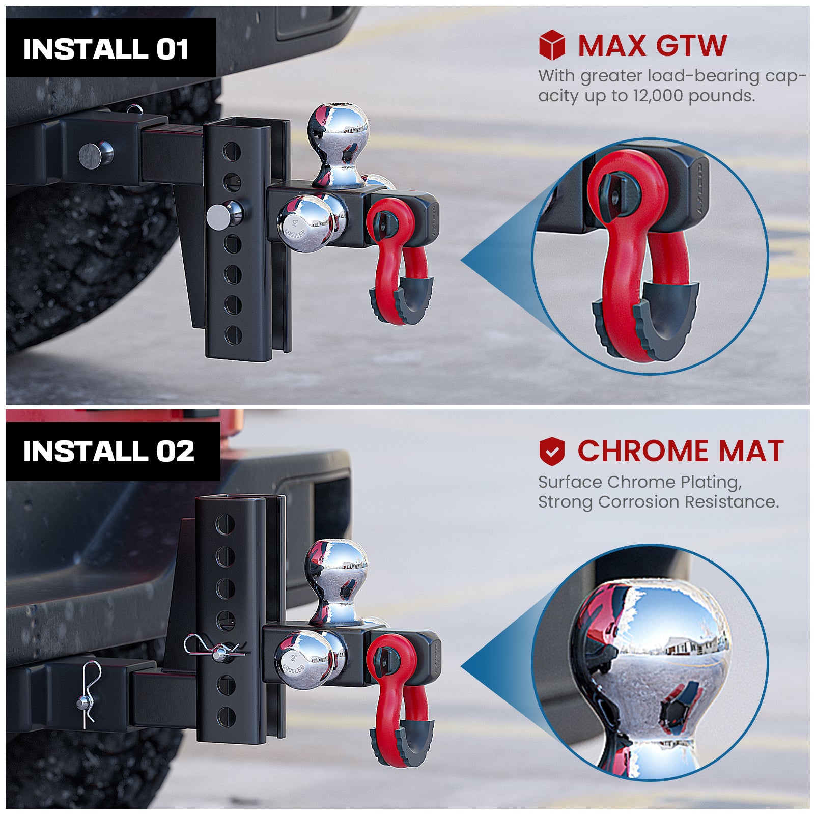 Ayleid Trailer Hitch Tri-Ball Mount with Hook&Pin&Rotatable Tow Shackle,Fits 2-in Receiver with 1-7/8-in,2-in,2-5/16-in Hitch Ball , Adjustable with Shackle