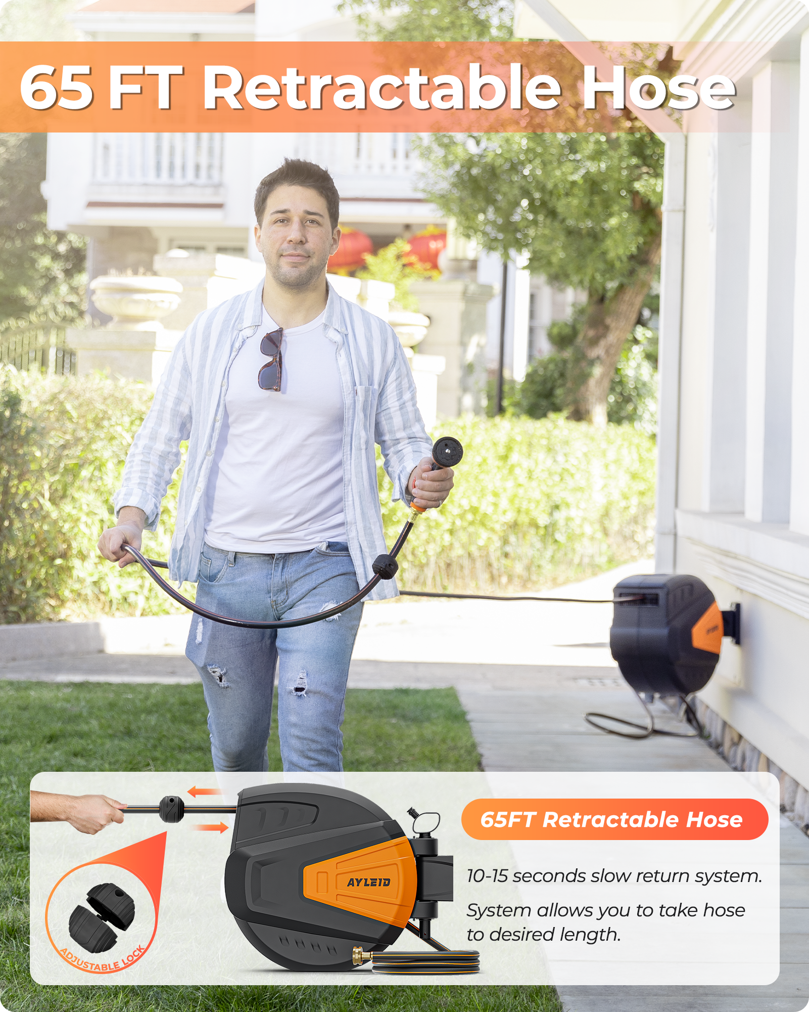 Ayleid Retractable Garden Hose Reel,1/2 in x 65 ft Wall Mounted Hose Reel, with 9- Function Sprayer Nozzle, Any Length Lock/Slow Return System/Wall Mounted/180°Swivel Bracket (Black)