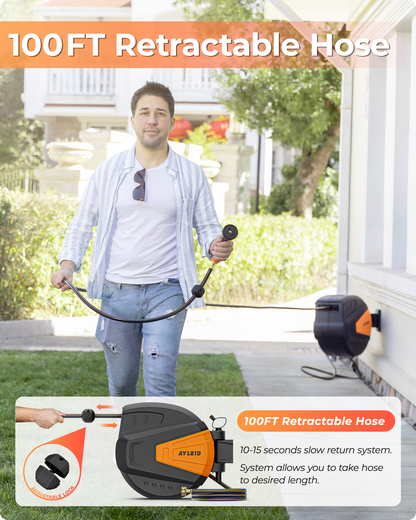 Ayleid Retractable Garden Hose Reel,1/2 in x 100 ft Wall Mounted Hose Reel, with 9- Function Sprayer Nozzle, Any Length Lock/Slow Return System/Wall Mounted/180°Swivel Bracket (Black)