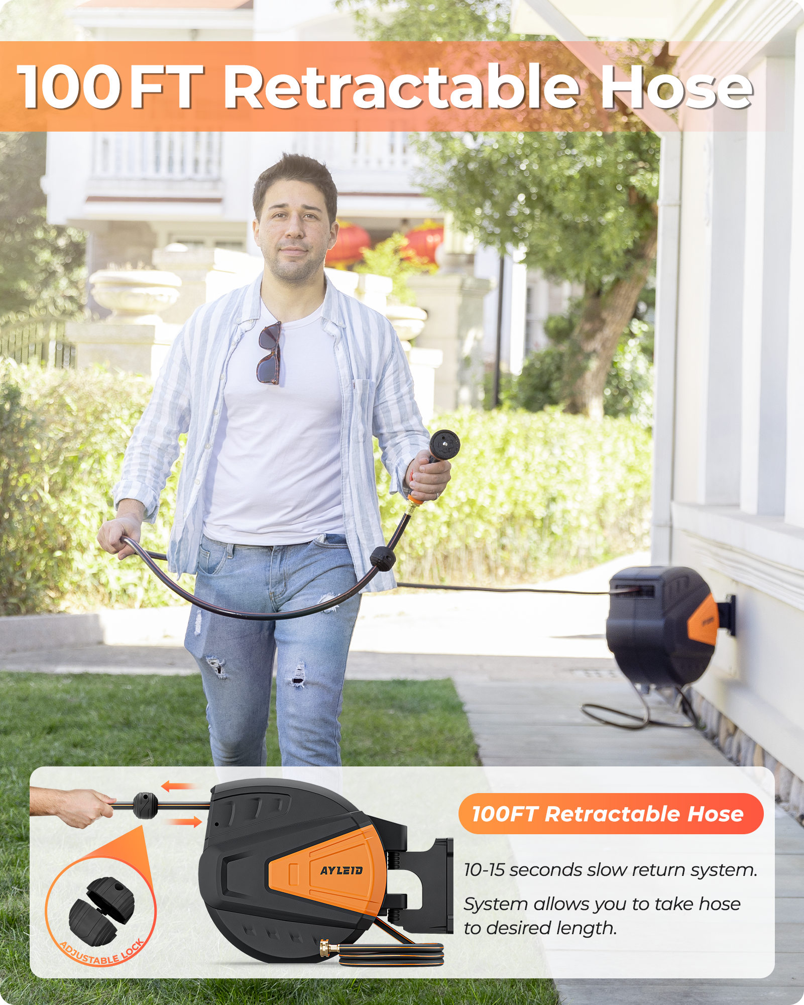 Ayleid Retractable Garden Hose Reel,5/8 in x 100 FT Wall Mounted Hose Reel, with 9- Function Sprayer Nozzle, Any Length Lock/Slow Return System/Wall Mounted/180°Swivel Bracket (Black)