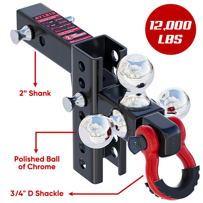 Ayleid Trailer Hitch Tri-Ball Mount with Hook&Pin&Rotatable Tow Shackle,Fits 2-in Receiver with 1-7/8-in,2-in,2-5/16-in Hitch Ball , Adjustable with Shackle