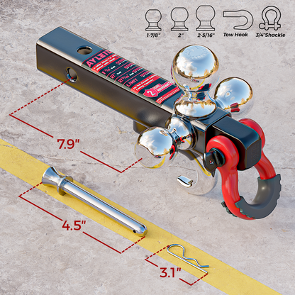 Ayleid Trailer Hitch Tri-Ball Mount with Hook&Pin&Rotatable Tow Shackle,Fits 2-in Receiver with 1-7/8-in,2-in,2-5/16-in Hitch Ball